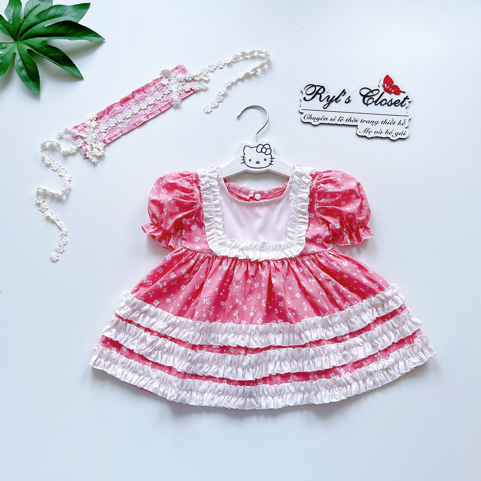 Váy lolita hoa đào tay ngắn cho bé gái 3 đến 15kg, Đầm bé gái chất thô lụa mát rượi