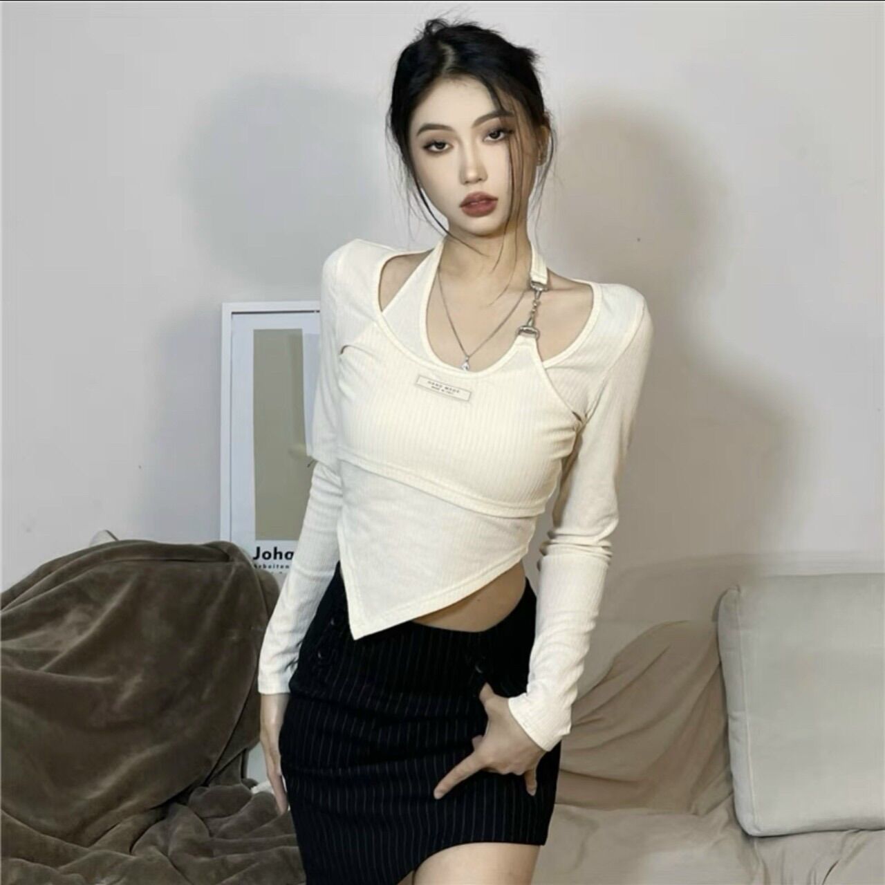 Áo kiểu khoen cổ tà nhọn tay dài đẹp from dưới 50kg
