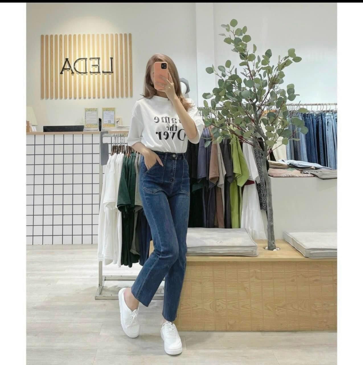 Quần bò jean nữ ống đứng jeans cạp cao túi nổi co giãn