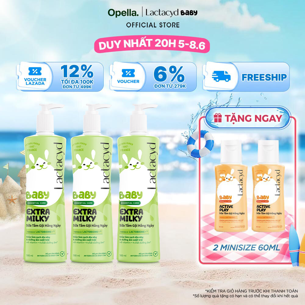 Bộ 3 chai Sữa Tắm Gội Trẻ Em Lactacyd Baby Extra Milky Làm Sạch Dịu Nhẹ và Dưỡng Ẩm Vượt Trội 500ml/chai