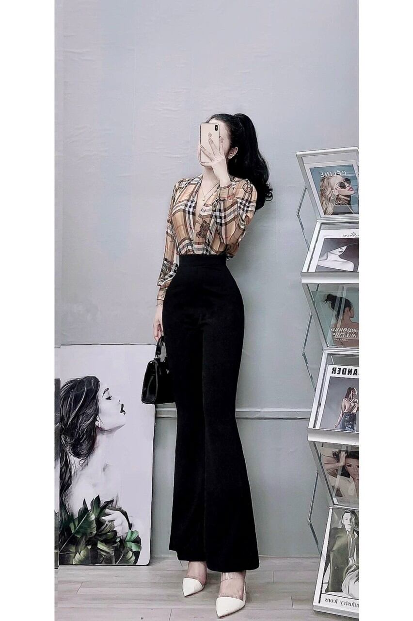 Quần ống loe nữ lưng cao khóa trước cạp 1 cúc