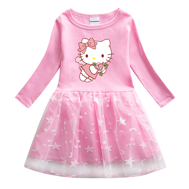 Quần áo hello kitty váy dài tay bé gái váy liền trang phục mùa thu kiểu tây trang phục trẻ em mèo hello kitty bé gái váy mùa thu