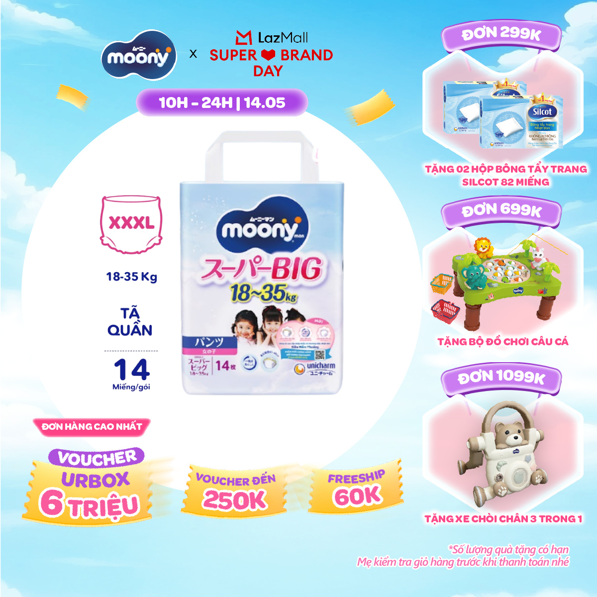 [SALE GIỮA THÁNG tặng QUÀ TO-SLCH] Tã quần cao cấp Moony Bé Gái XXXL14 miếng - Nhập khẩu từ Nhật Bản