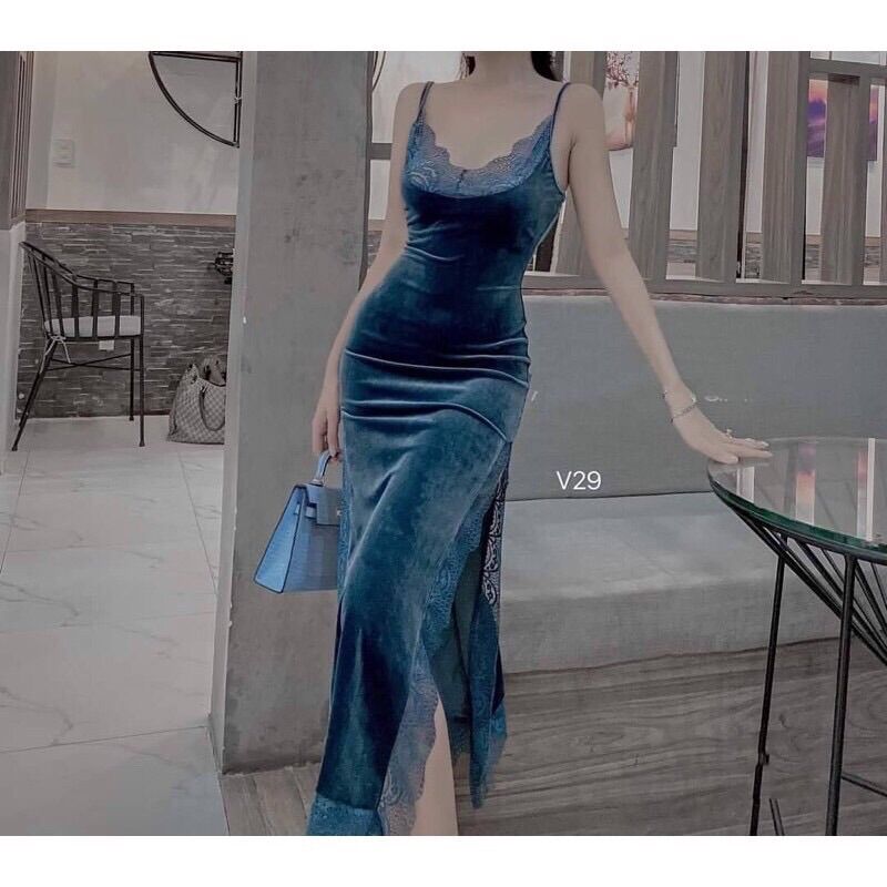 Đầm Nhung body 2 dây phối ren.