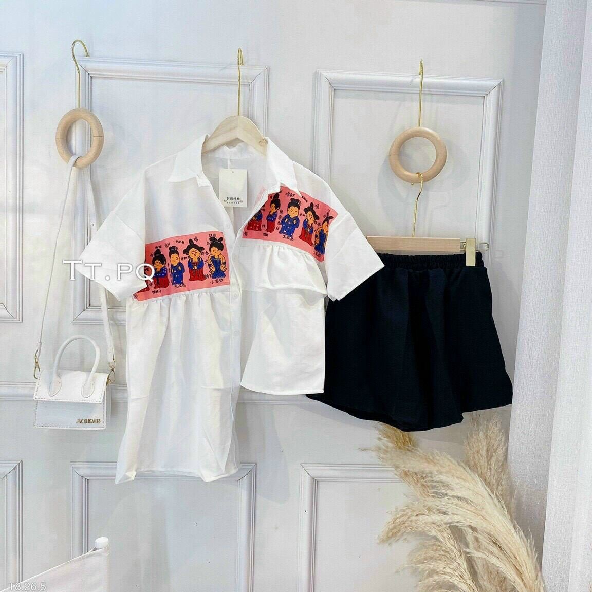 Set bộ đùi áo sơ mi lệch tà phối quần đùi lưng thun