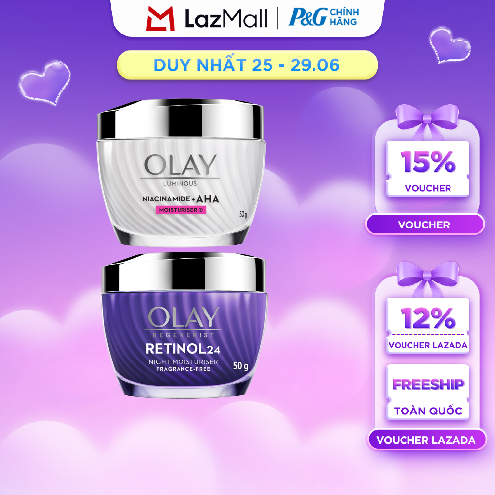 Combo Kem Dưỡng Ban Ngày OLAY LUMINOUS NIACINAMIDE AHA Dưỡng Sáng Da Hũ 50G + Kem Dưỡng Ban Đêm OLAY RETINOL24 Giúp Giữ Nét Tươi Trẻ Cho Da  Mờ Nếp Nhăn Hũ 50G