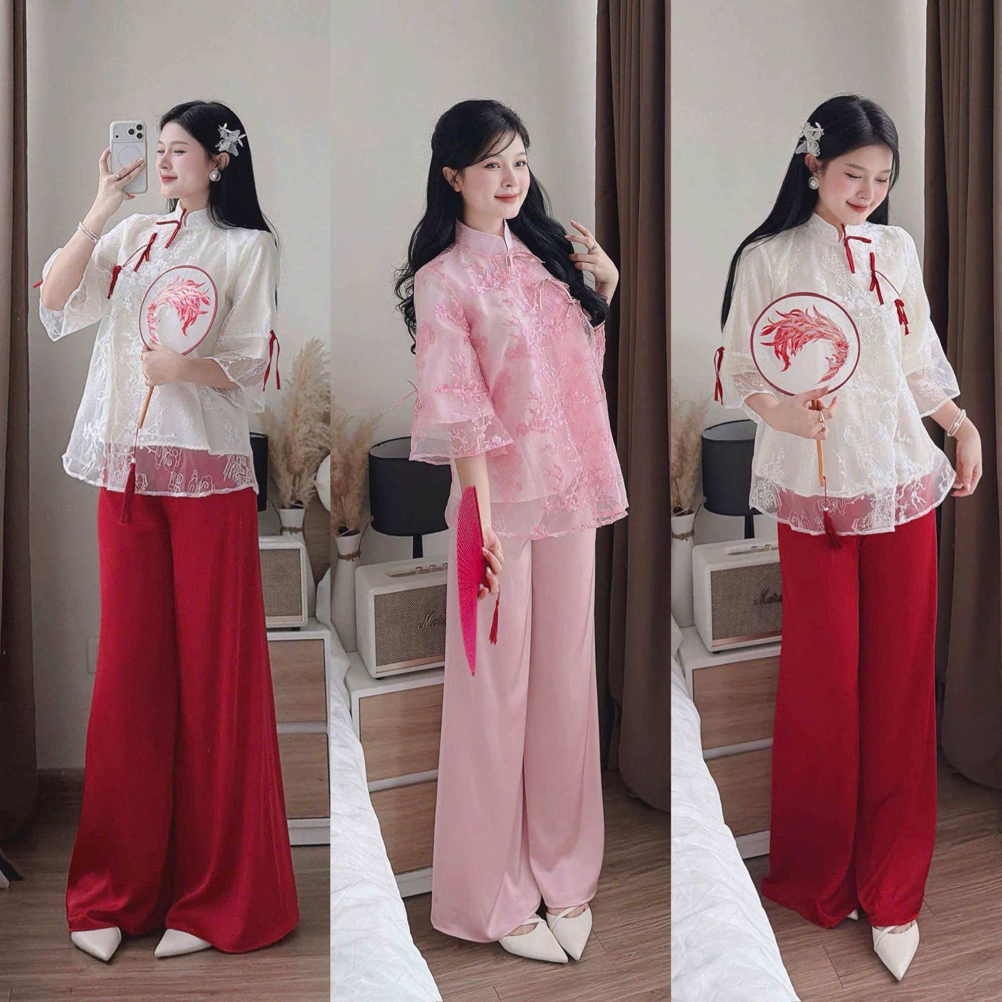 (SHOP TÁO ĐỎ BIGSIZE 50KG ĐẾN 90KG) Set Lam Tơ Thêu Ngọc Hồng – Quần Lụa Satin Dịu Dáng