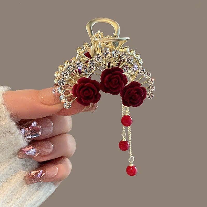 Kẹp nữa tóc hoa đỏ đính đá lấp lánh