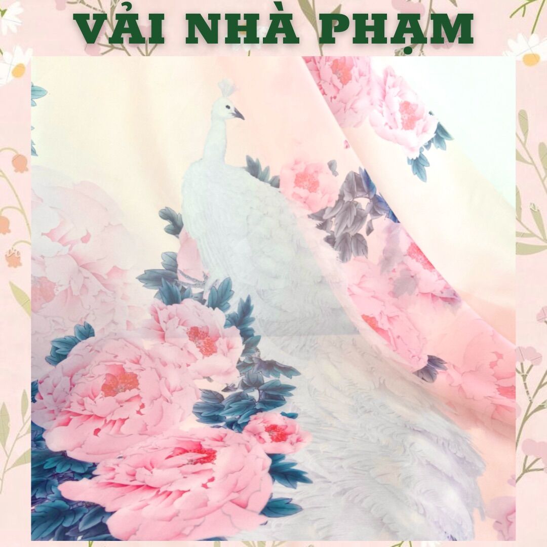 Vải tơ organza hoa chân hoạ tiết hoa mẫu đơn nền hồng nhạt - khổ 1.5m - vải nhà phạm