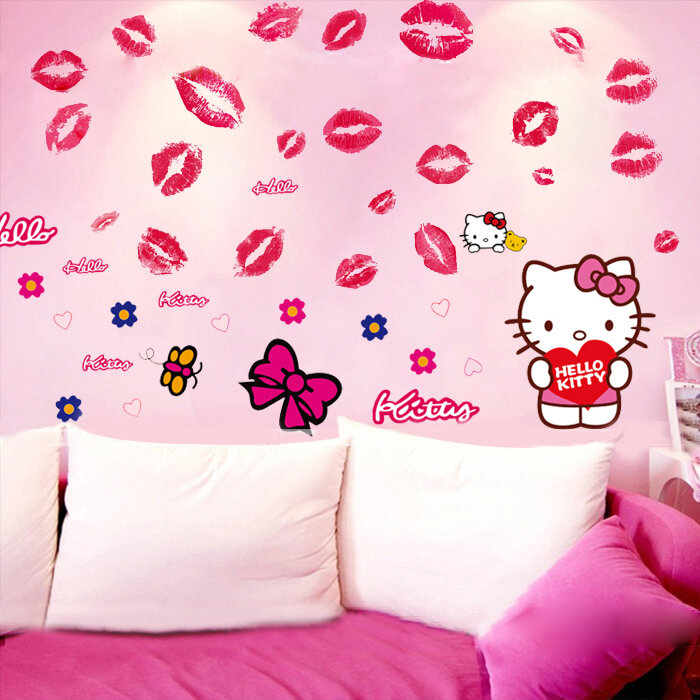 Giấy dán tường kitty mèo kitty hoạt hình đồ trang trí tranh tường phòng ngủ ấm áp cho phòng trẻ em giấy dán tường tranh dán đầu giường