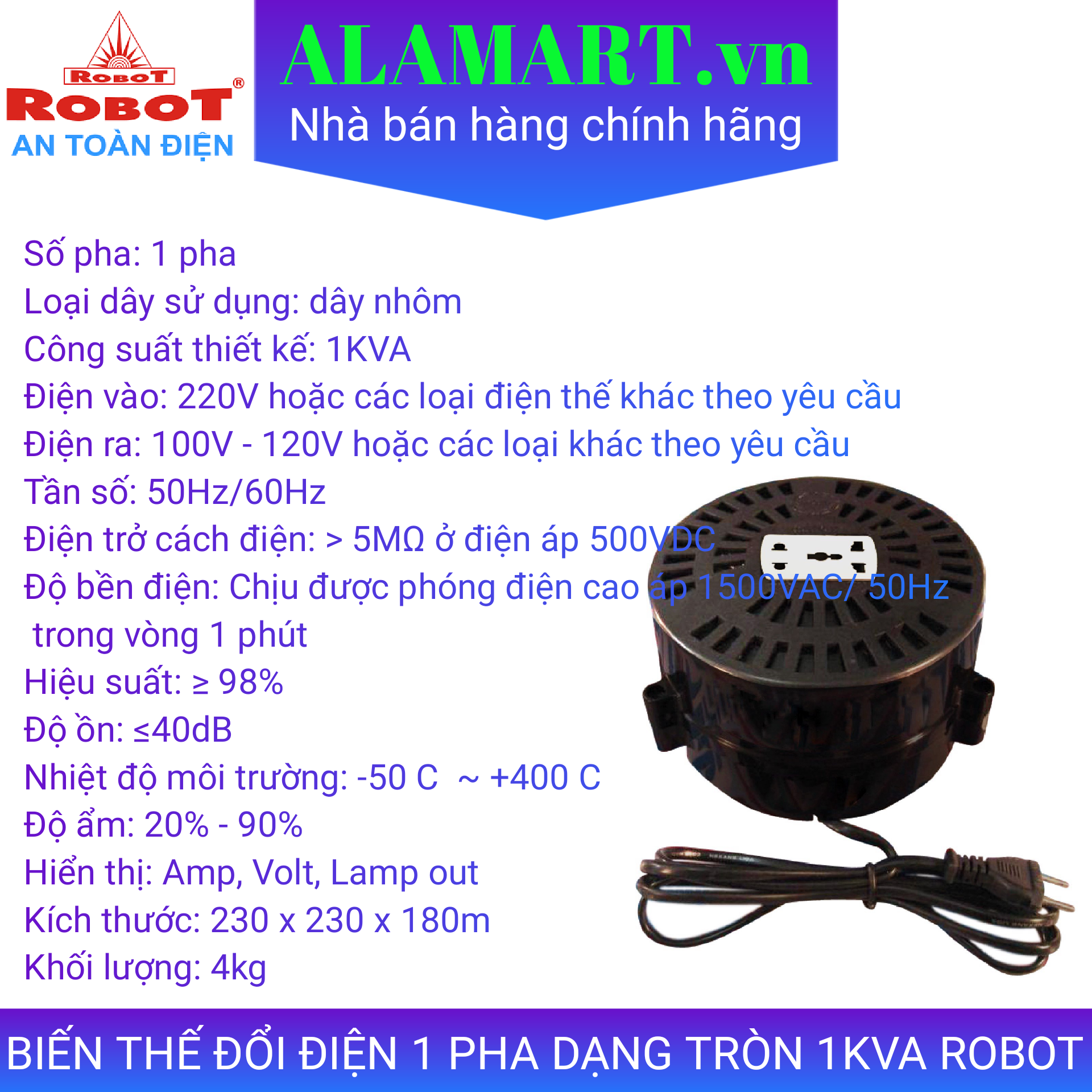 Biến áp đổi điện 220v thành 110v Robot 1KVA