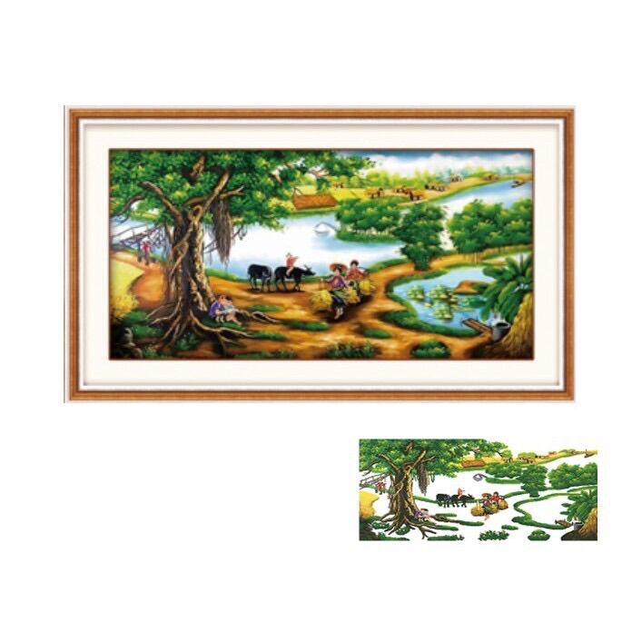 Tranh thêu chữ thập cây đa đầu làng / lv3013/ 124x62cm/ chưa thêu