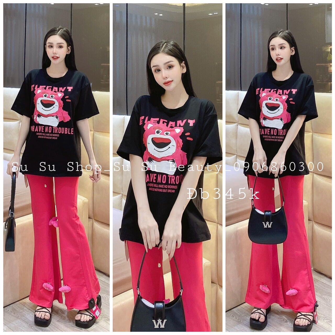 Set áo cotton quần ống rộng gân hồng 4 gấu đính ghim G6