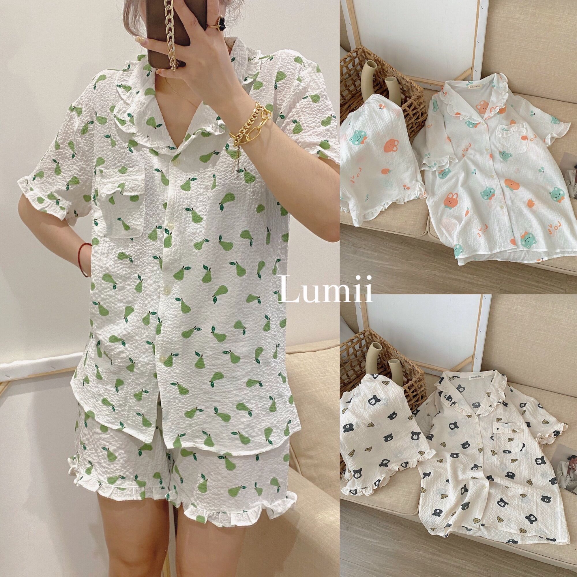 Bộ đồ ngủ Pijama cộc tay đũi xốp Hàn viền bèo nhiều họa tiết - Lumii