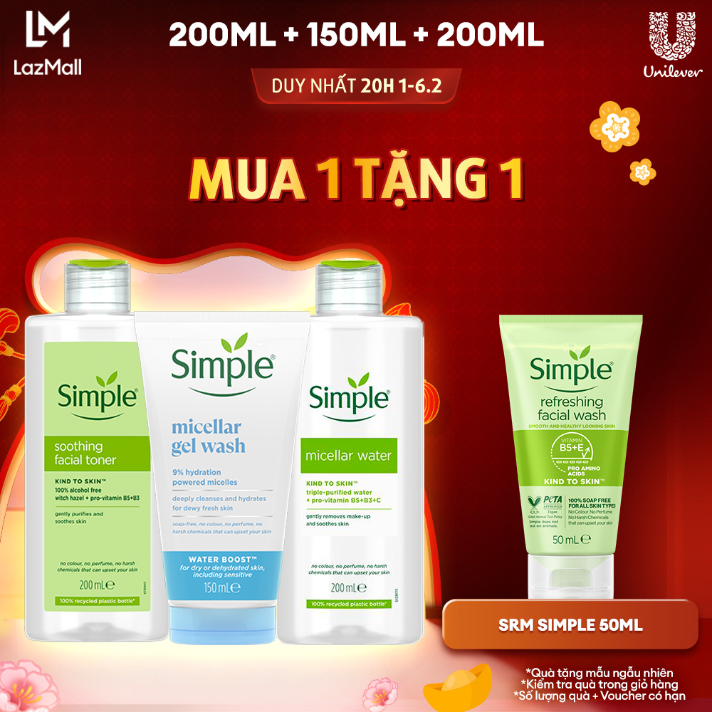 Combo Simple Nước Tẩy Trang 200ml + Sữa Rửa Mặt 150ml + Nước Hoa Hồng 200ml cho mọi loại da