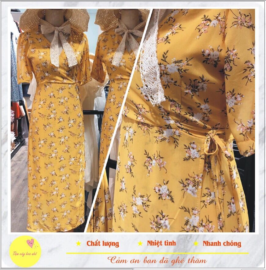 (Ảnh Thật ) Đầm Hoa Vàng Nhí Thắt Eo