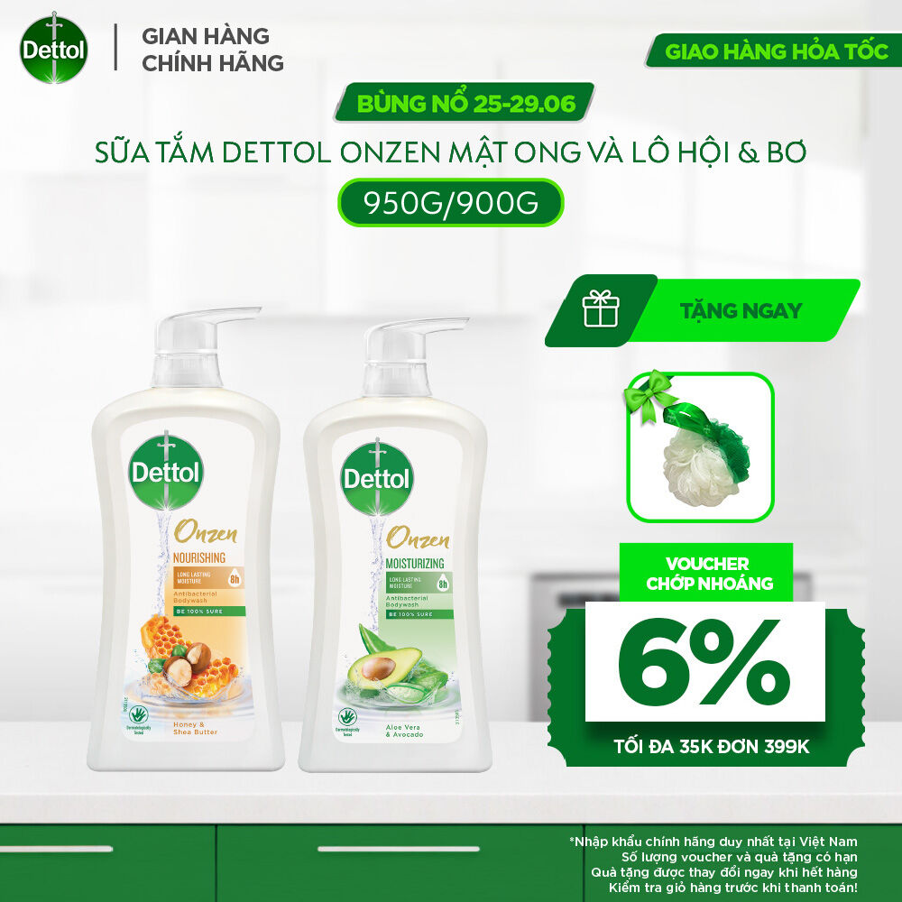 Combo 2 Chai Sữa Tắm Dettol Onzen Mật Ong Kháng Khuẩn Dưỡng Thể (950g) và Dưỡng Ẩm Lô Hội  Bơ (900g)