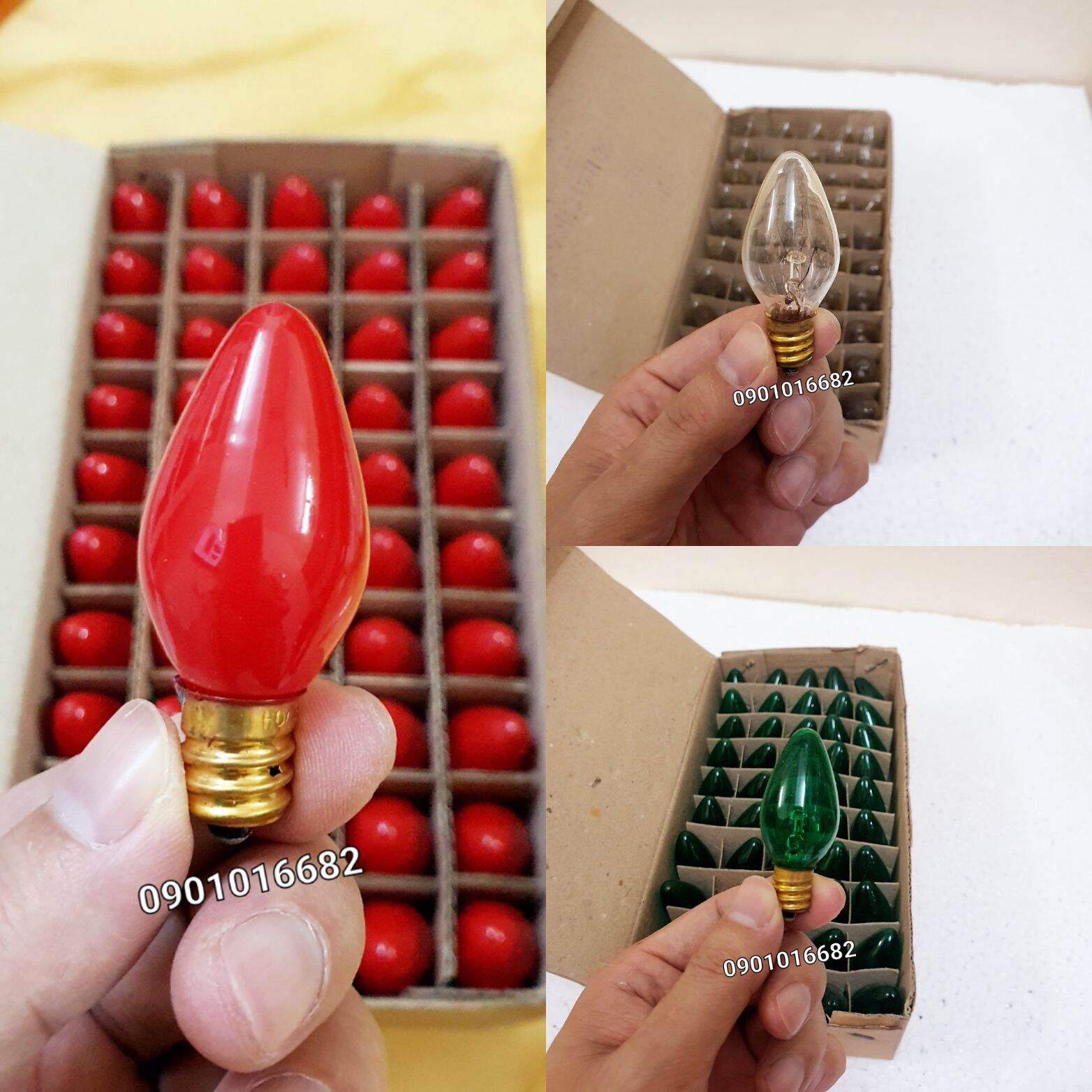 1 hộp 50 bóng đèn quả nhót (bóng cà na) loại 1, màu đỏ, xanh, trắng