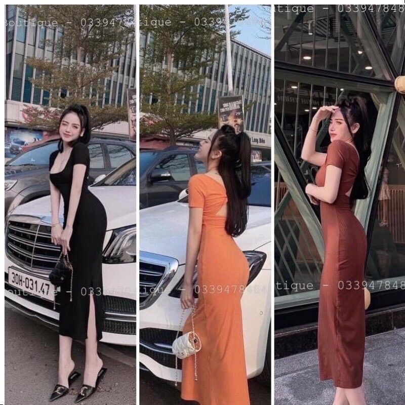 Váy body cổ vuông xẻ tà xoắn lưng