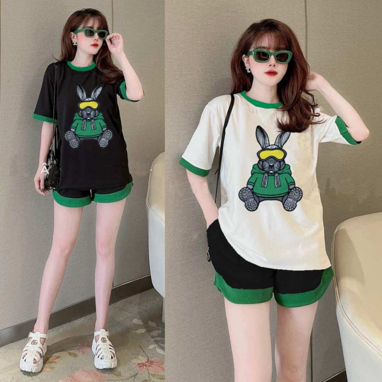 Sét bộ short thun cotton form rộng thêu logo quảng châu cao cấp