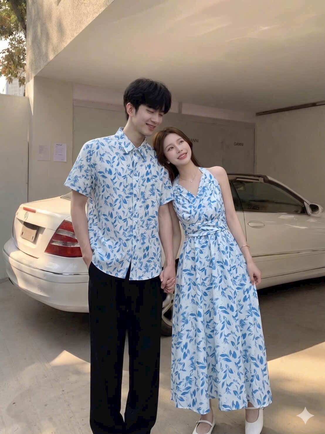 Set áo sơmi phối váy hoa cổ yếm dáng dài họa tiết lá xanh