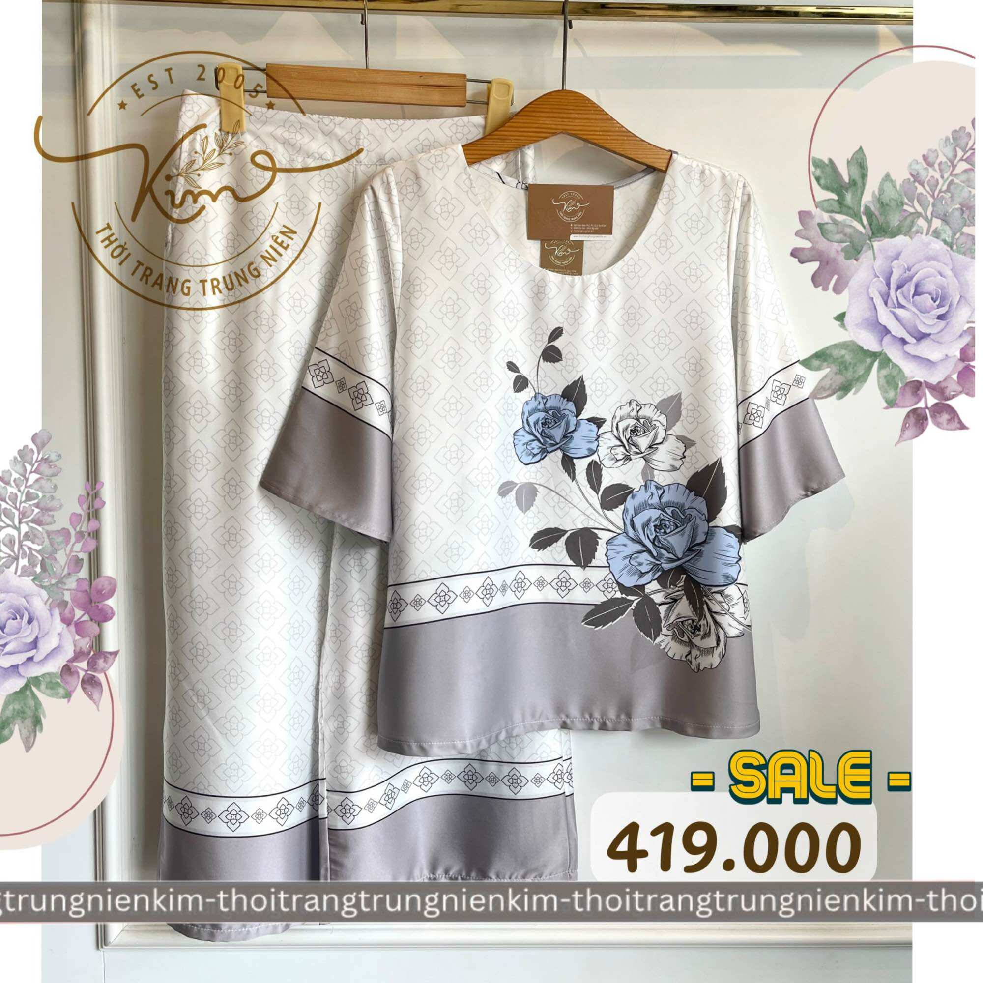 Sét bộ lụa trung niên cao cấp hoa văn hoạ tiết sang trọng Bigsize quần dài 85cm