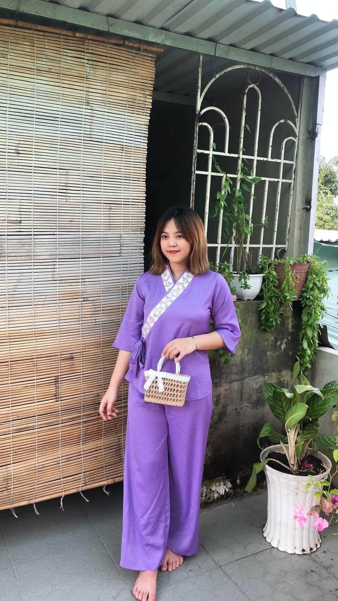 bộ nữ phật tử đi chùa vải lụa cao cấp lụa pháp