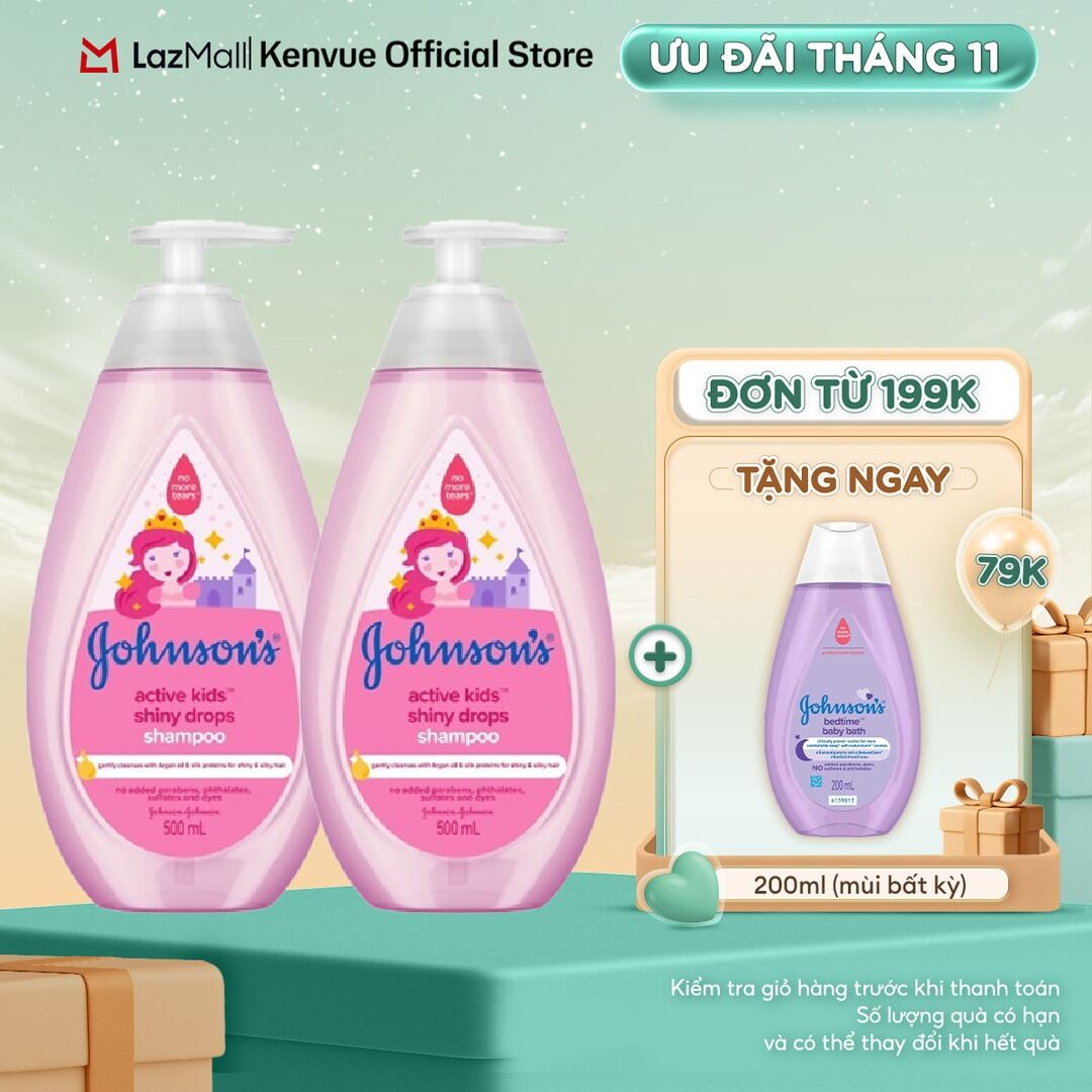 Combo 2 Dầu Gội Johnsons Active Kids Shiny Drops Shampoo Cho Bé Gái - Dung tích 500mlx2