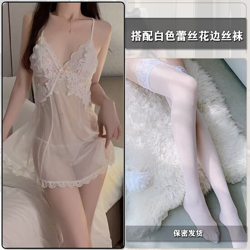 Đồ ngủ gợi cảm bộ váy ngủ hai dây phong cách thuần dục vải lưới trong suốt ren mẫu mới 2024 có đệm ngực mùa xuân hè cho nữ