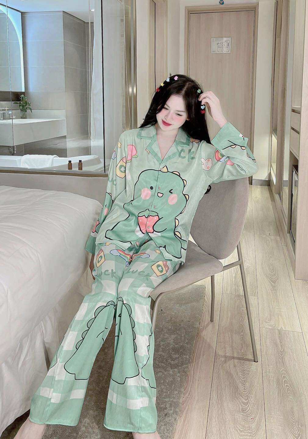 Bộ Đồ Ngủ Pijama Lụa Xước Cao Cấp Áo Tay Dài