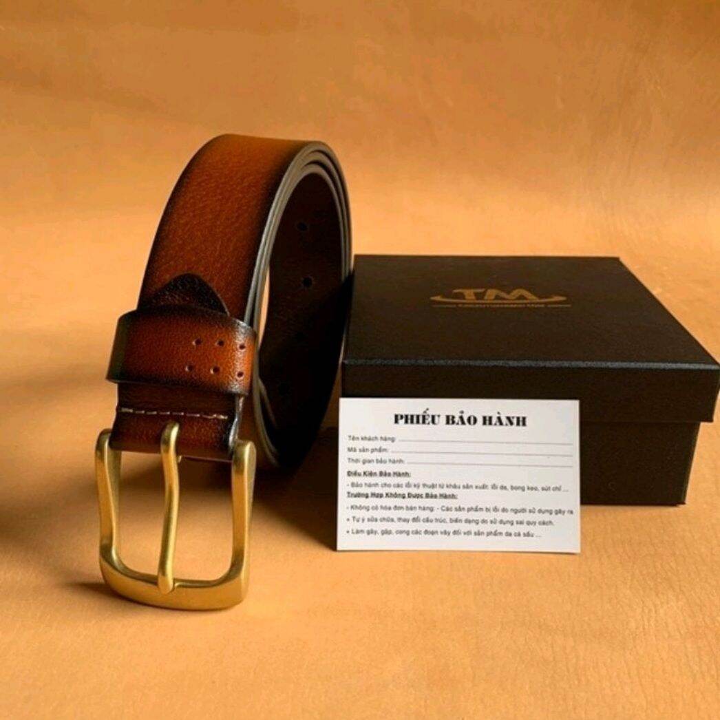 Thắt Lưng Khóa Đồng,Dây nịt Nam cao cấp da thật mặt khóa kim Đồng không rĩ dây da bò Nguyên Tấm Bản da Rộng 3.8cm Màu vàng bò đục sẳn 5 lổ bảo hành 24 tháng tặng hộp đựng kèm đinh đục lổ| Dây Nịt Thắt Lưng Nam Cao Cấp TM109