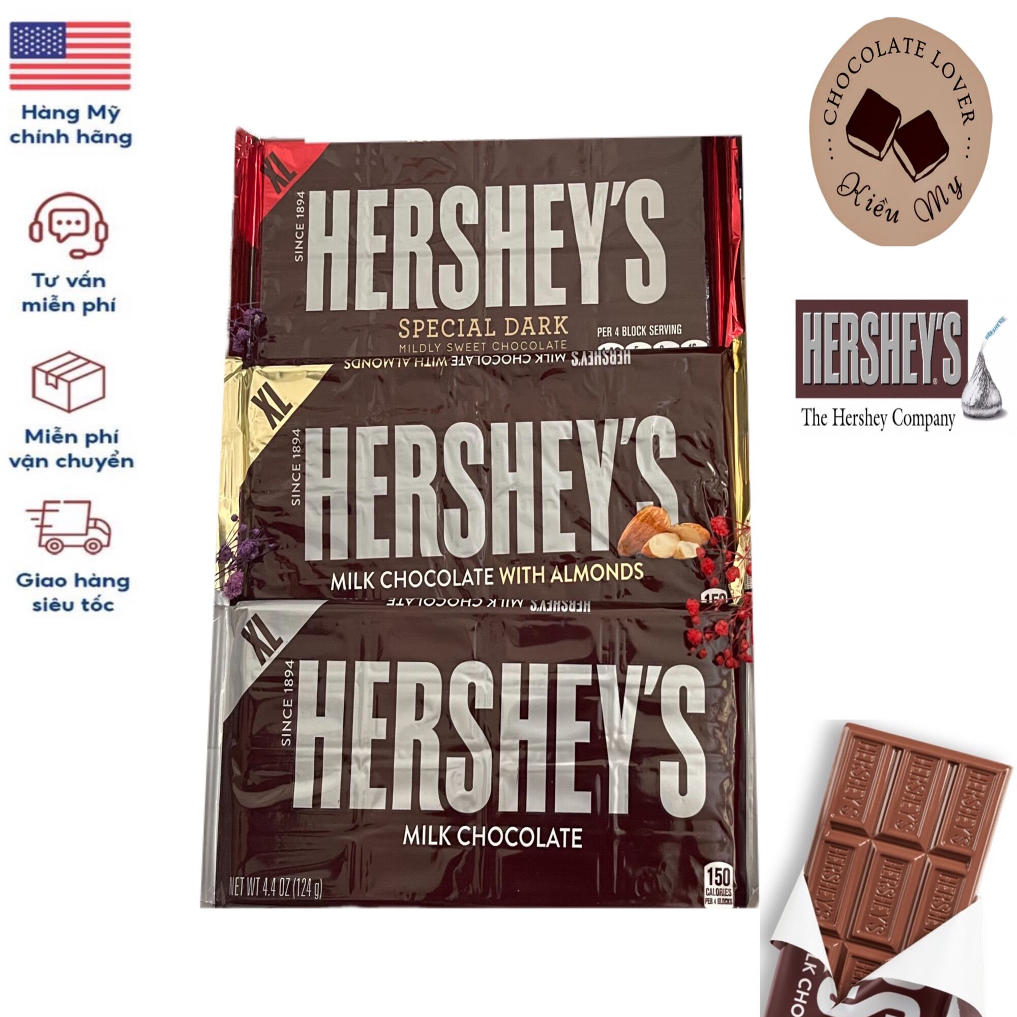 Kẹo Socola Mỹ thanh Hershey 100 gram vị sữa/ hạnh nhân/ đắng
