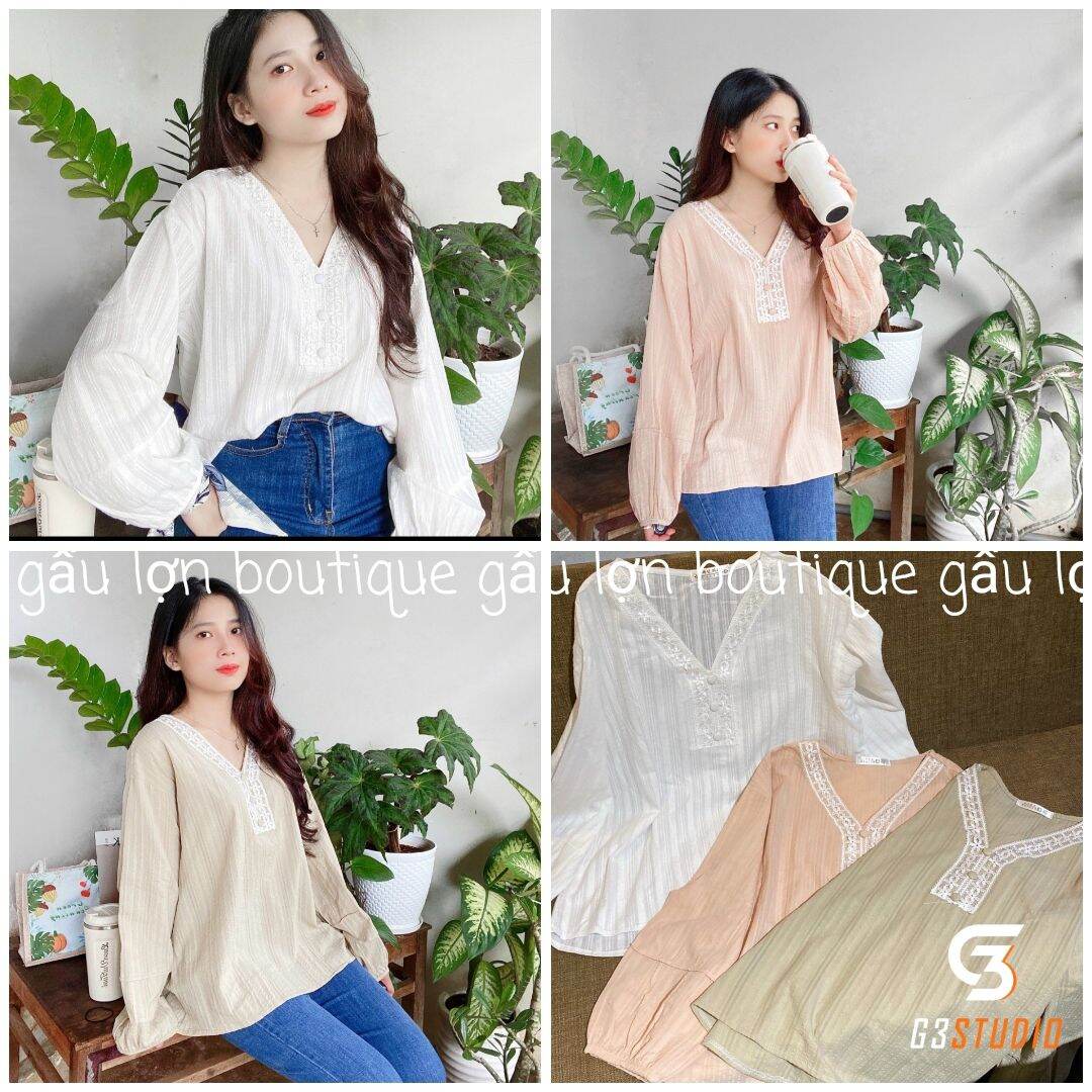 Áo sơ mi kiểu cổ v cúc bọc vintage ảnh thật