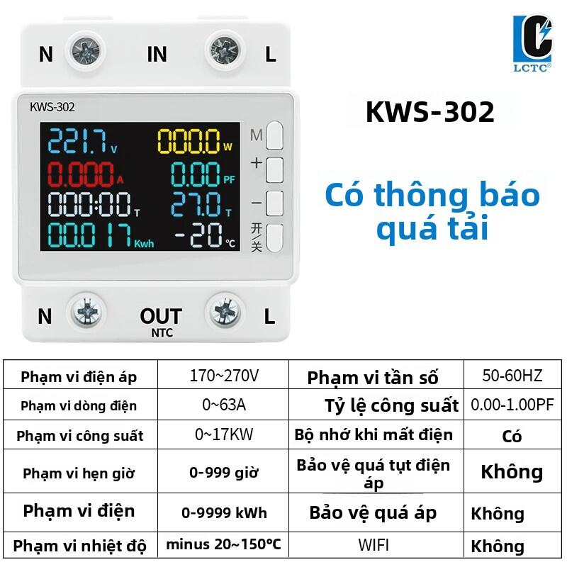 Công Tơ Điện Thông Minh WiFi Tuya KWS302 8 Trong 1 Màn Hình Kỹ Thuật Số Đo Điện Áp Dòng Điện Công Su