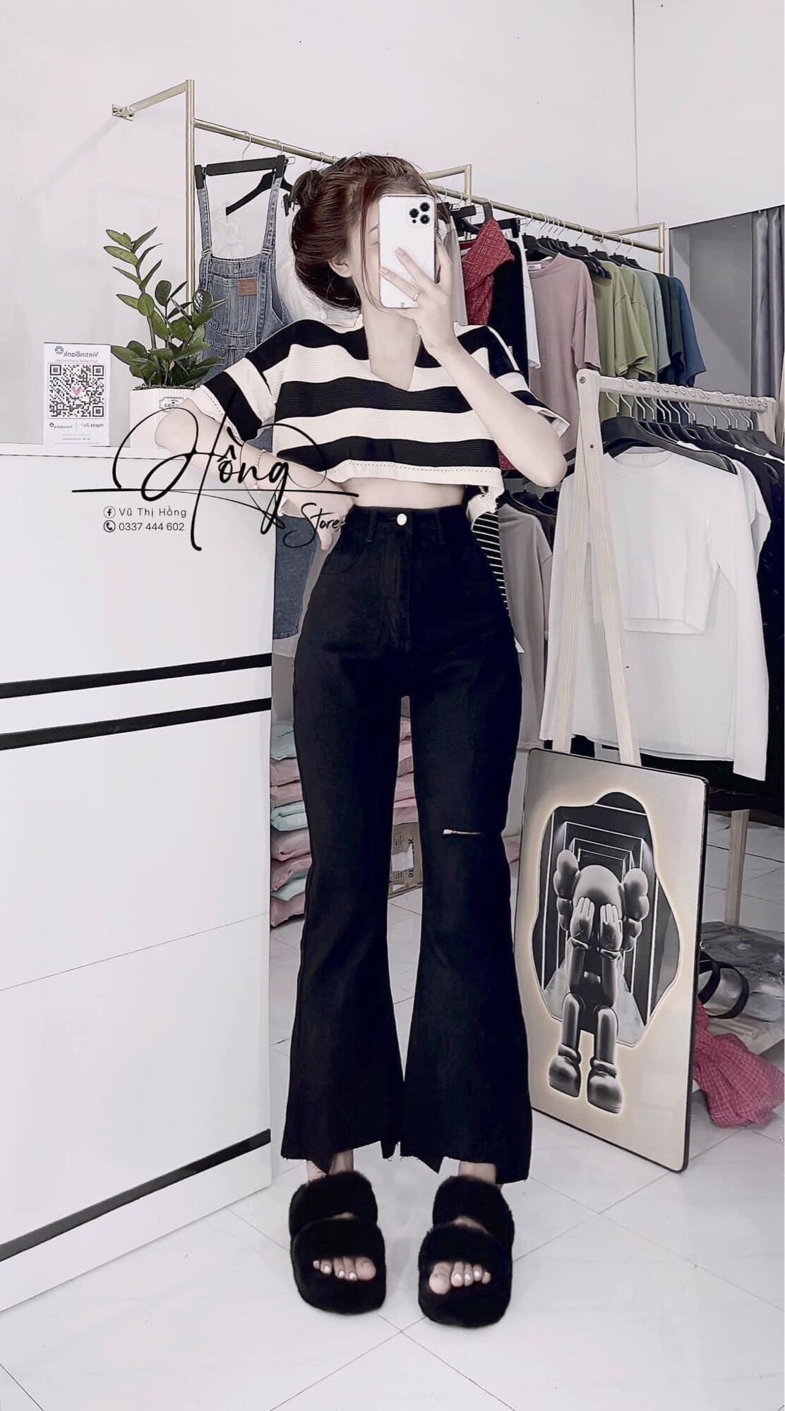 Set quần jeans loe đen rách gấu 1line + áo cổ bẻ sọc