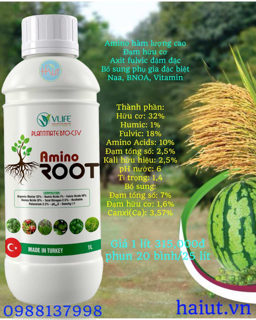 AMINO ROOT 1 lít ( NÂNG pH, KÍCH RỄ, BUNG CHỒI, LỚN TRÁI, LÊN MÀU, PHỤC HỒI CÂY SUY)
