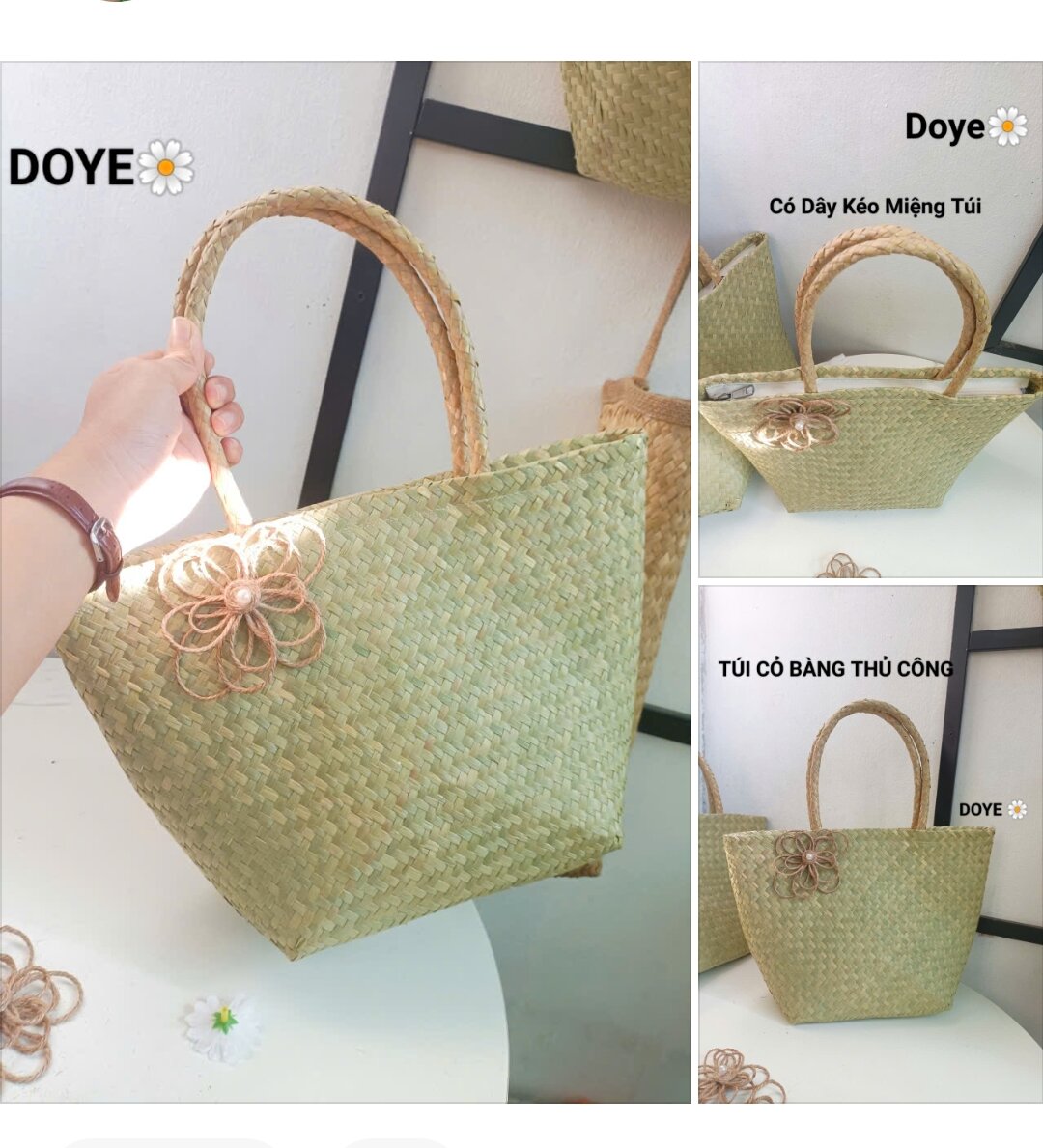 (Có dây kéo) Túi cói cỏ bàng,túi xách làn thủ công, giỏ đệm cỏ bàng khô,du lịch, biển, sinh hoạt hằng ngày, bảo vệ môi trường