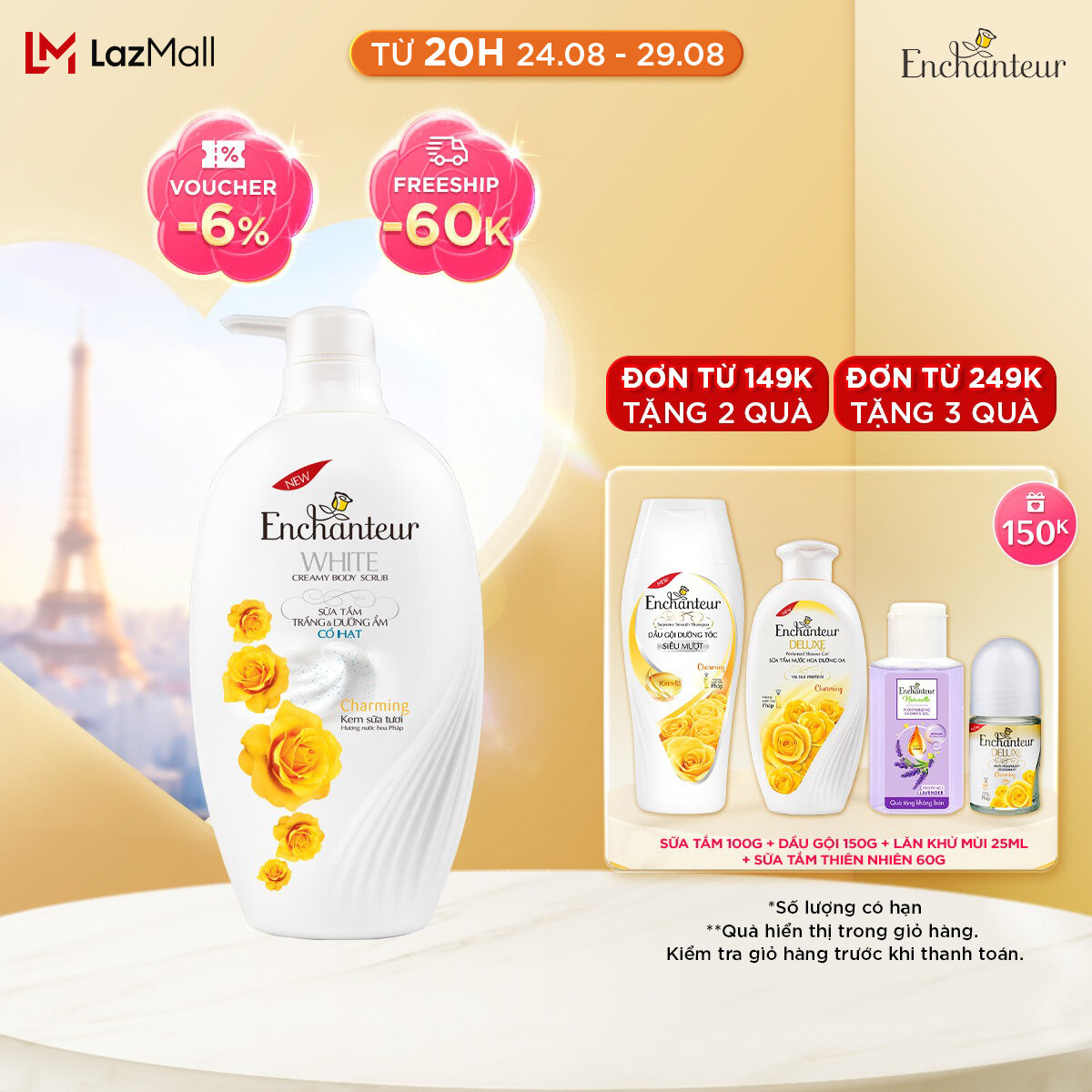 Sữa tắm dưỡng ẩm có hạt Enchanteur Charming white creamy body scrub 650gr