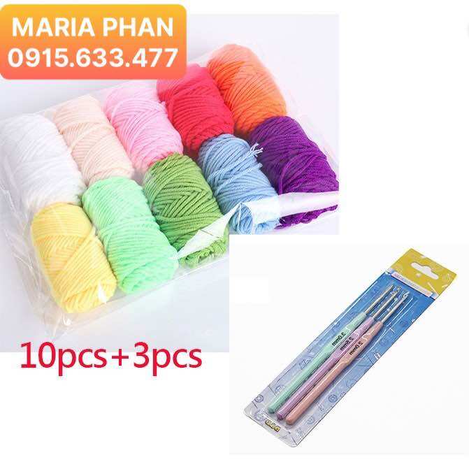 Bộ 10 cuộn len và 3 cây kim móc