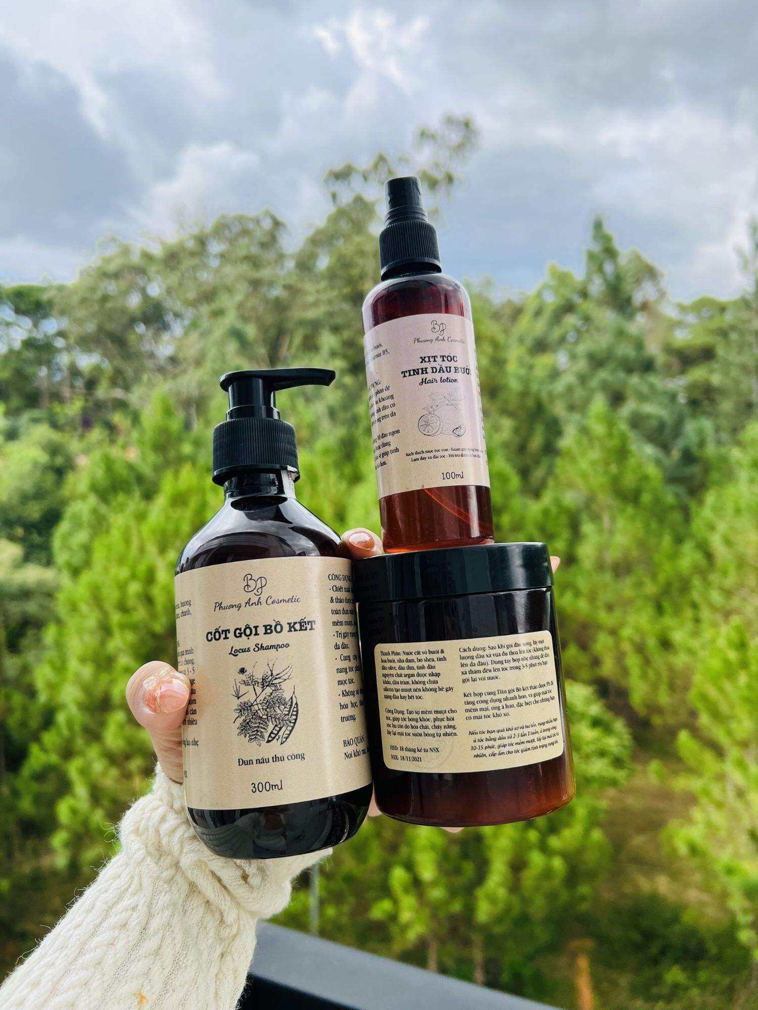 Cốt gội đầu Bồ Kết + Ủ xả Bưởi Dừa + xịt dưỡng tóc tinh Dầu Bưởi+ Serum dưỡng Mi Bưởi Dừa.
