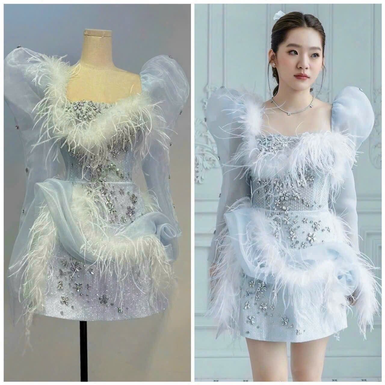 Đầm tay phồng lông vũ đính đá