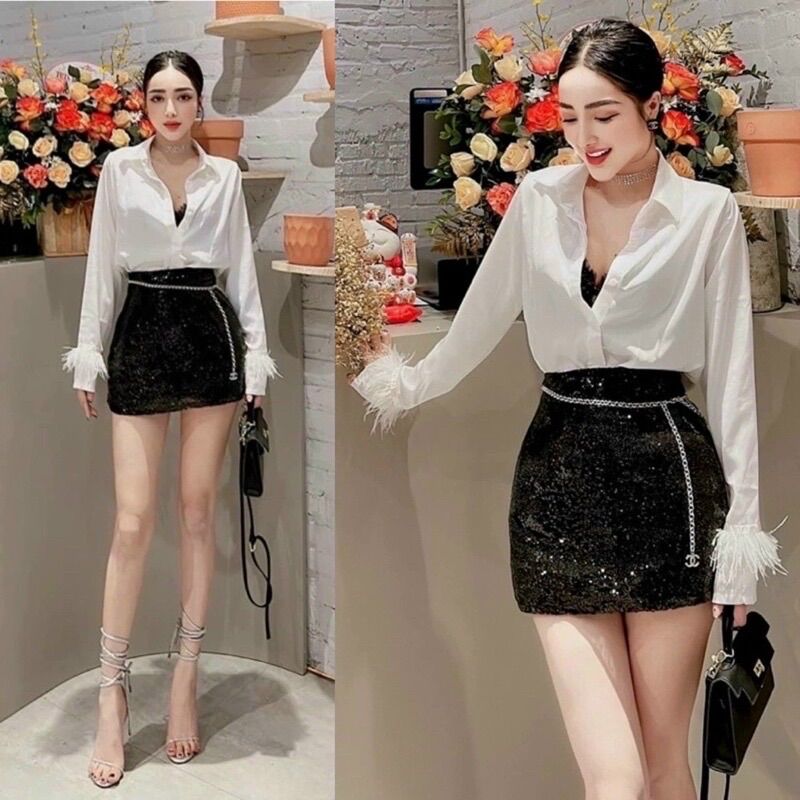 Chân Váy Chữ A Lưng Cao Kim Sa lấp lánh, có lót trong