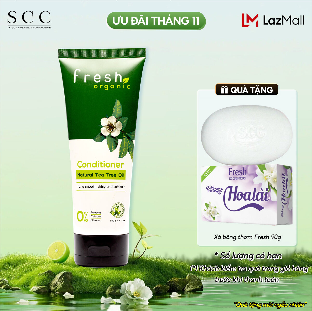 Dầu xả Fresh Organic 180g Ngăn ngừa gàu chiết xuất Tràm trà hữu cơ - Giảm rụng tóc Chiết xuất Hương