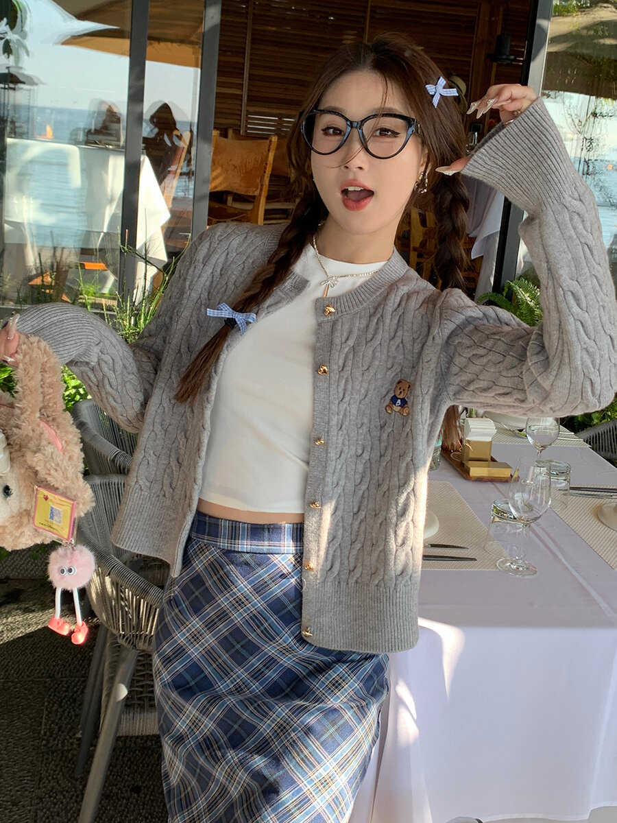 Áo Len Cardigan Len Dệt Kim Màu Xám Cho Nữ Áo Len Cardigan Thêu Hình Gấu Áo Len Cardigan Đầu Thu Áo 