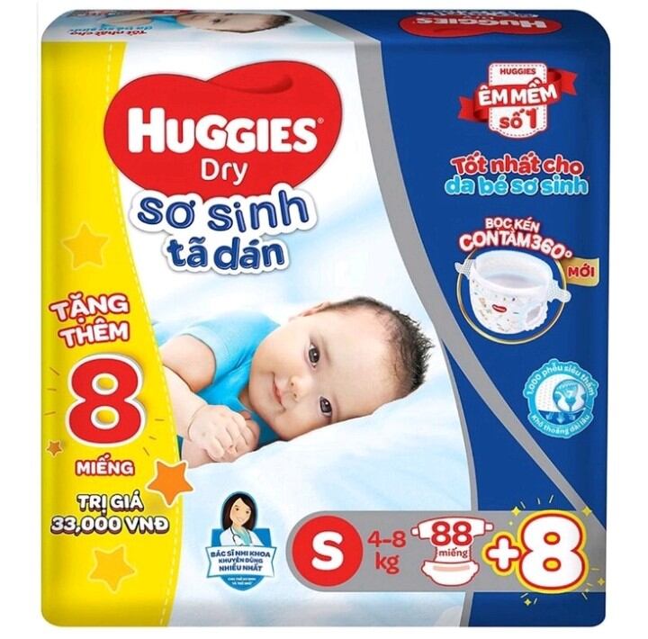 Tã dán sơ sinh huggies s88 + 8 miếng cho bé từ 4kg đến 8 kg