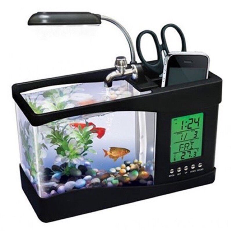 Hồ cá mini kiêm đồng hồ để bàn siêu đẹp- 2 màu trắng-đen