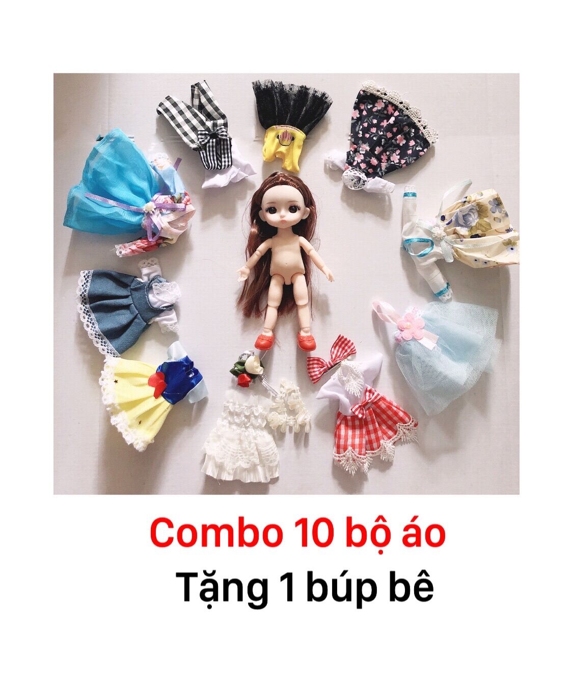 Quần áo búp bê 16cm - combo 10 áo tặng 1 búp bê ngẫu nhiên