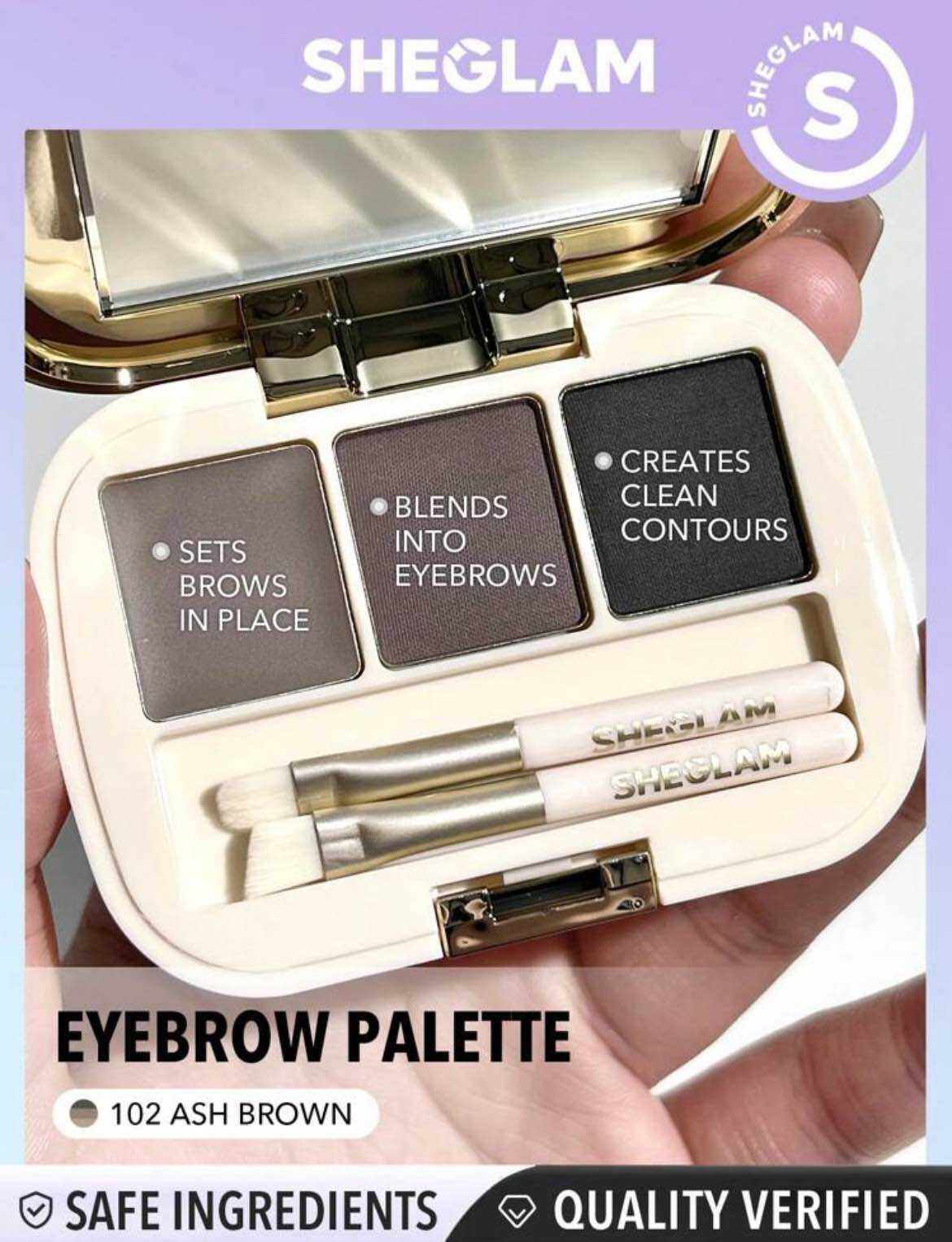 Phấn kẻ chân mày dạng bột Sheglam, bảng phấn vẽ chân mày 3 ô màu nâu