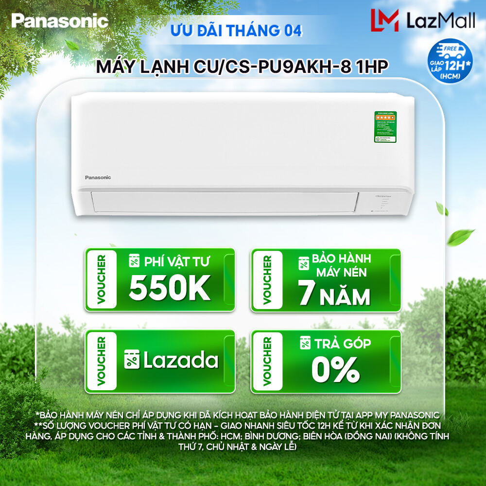 Máy lạnh/ Điều hòa Panasonic Inverter CU/CS-PU9AKH-8 - Công suất 1HP - Một chiều - Lọc không khí bụi mịn - Wifi