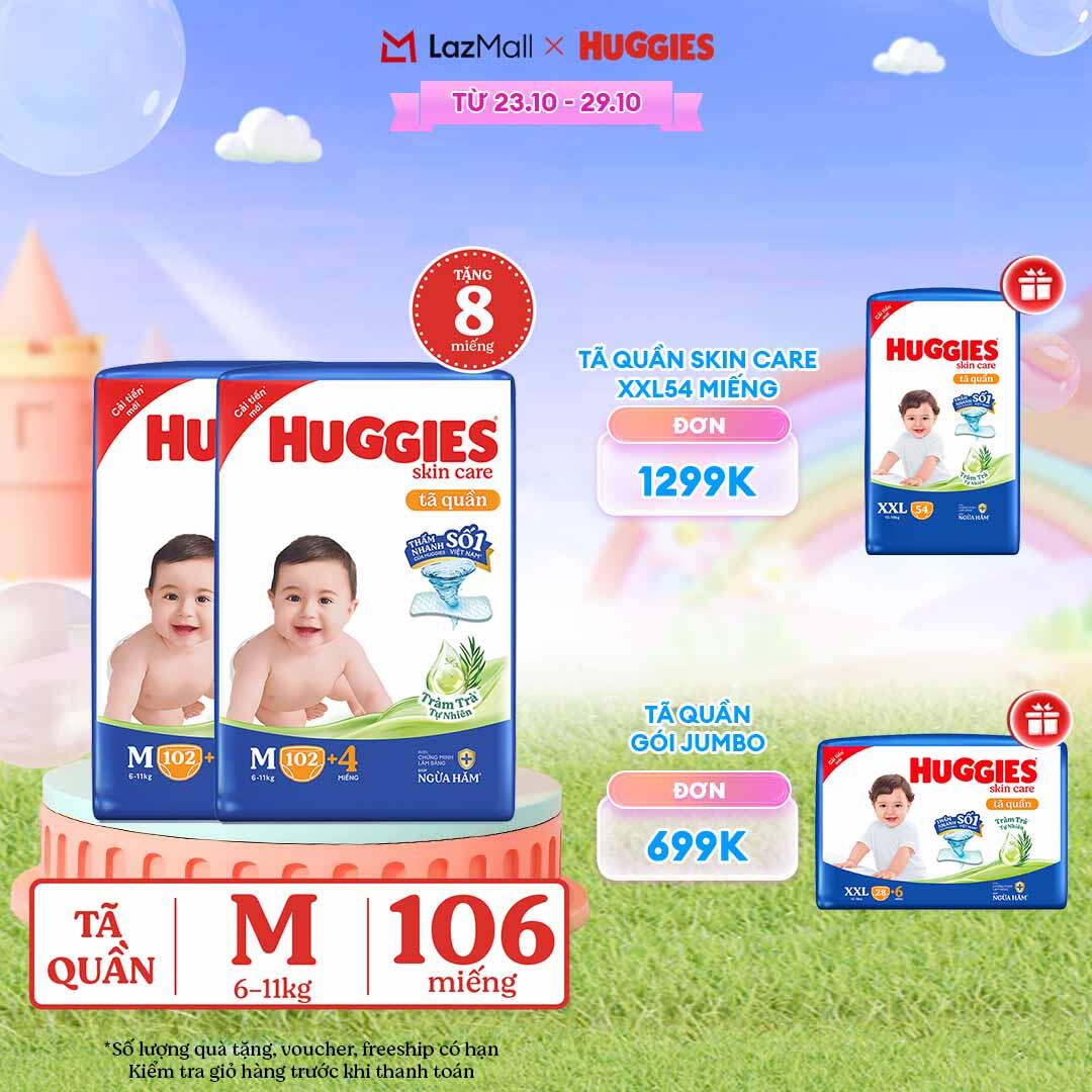 [CHỈ 23-29.10 GIẢM THÊM 80K]  Combo 2 Gói Tã/bỉm quần HUGGIES SKINCARE MEGA JUMBO size M102+4 miếng